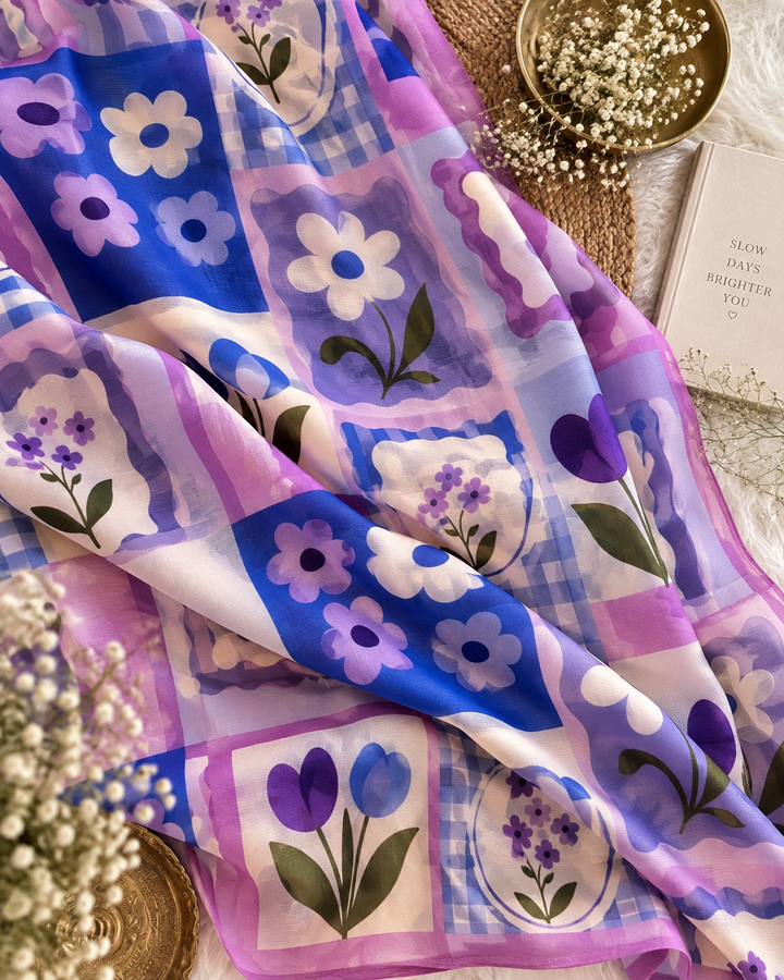 Lilac Blue Chinnon Saree with Retro Floral Patchwork & Check Print and Attached Blouse Piece