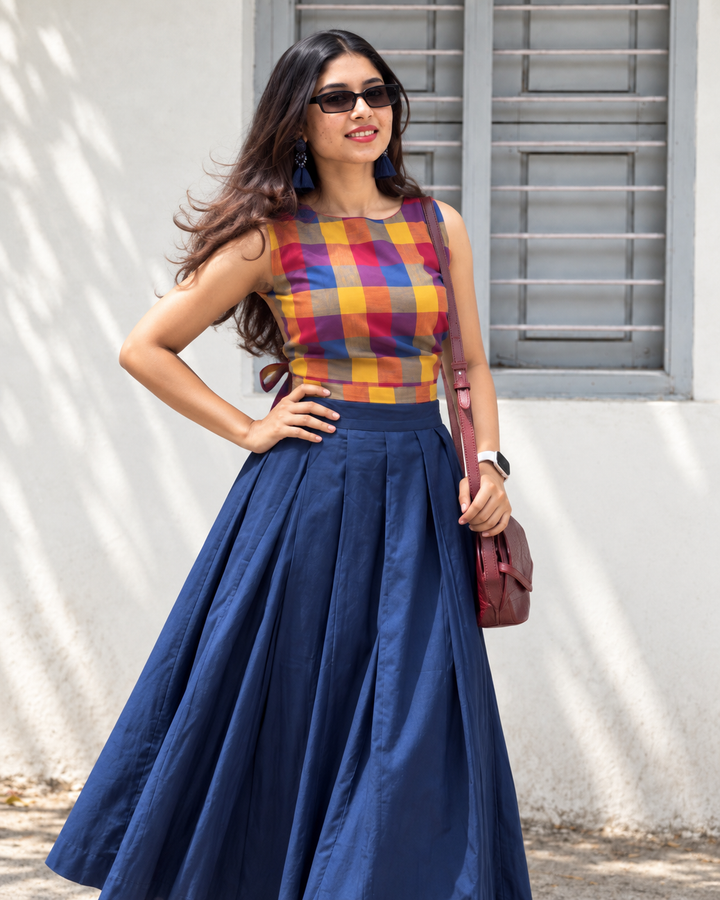 Madras Cotton Crop Top & Flared Skirt Set for Women – Multicolour Checks & Navy Blue