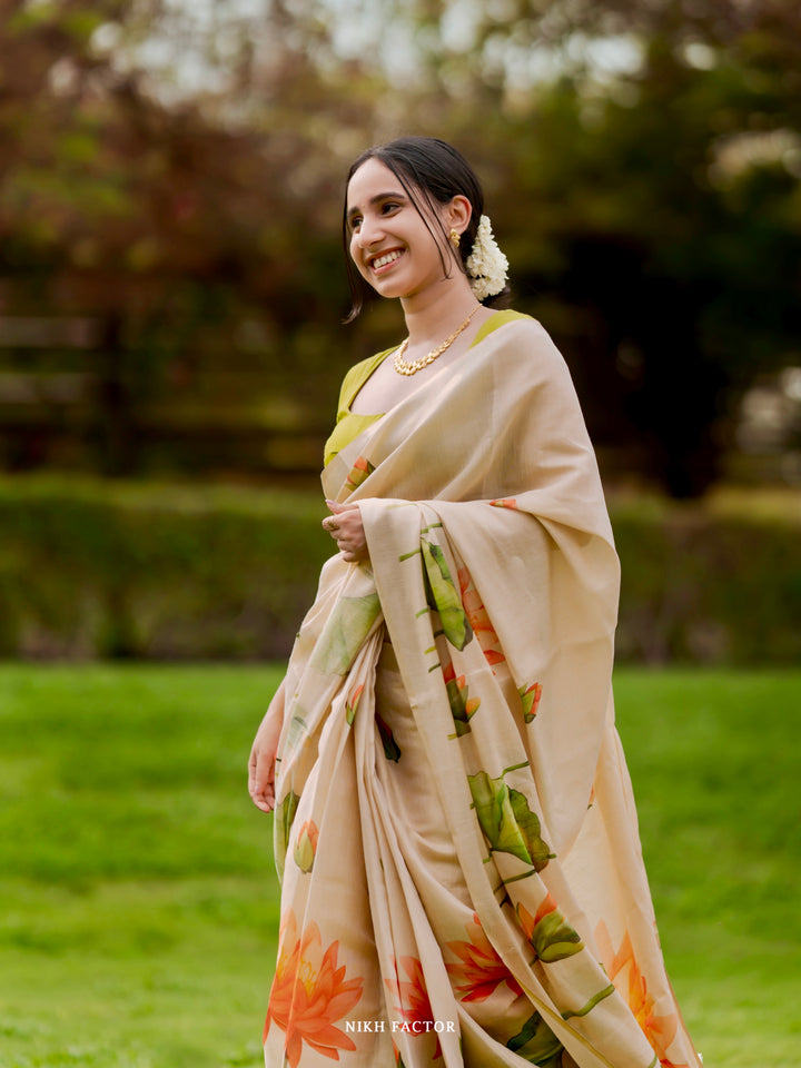 Royal Kasavu Lotus Print Saree with Shimmer Zari Weave, Statement Pallu & Tassels on Edges, Comes With Attached Blouse Piece