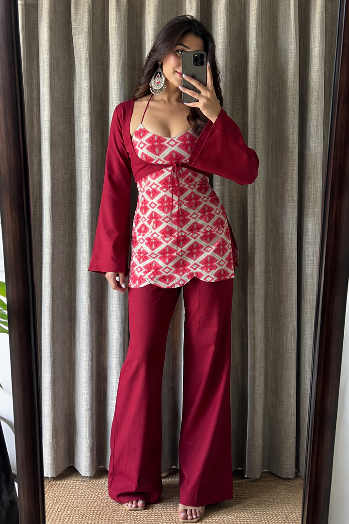 Convertible Printed Kurti Set with Detachable Jacket & Corset-Style Adjustable Back