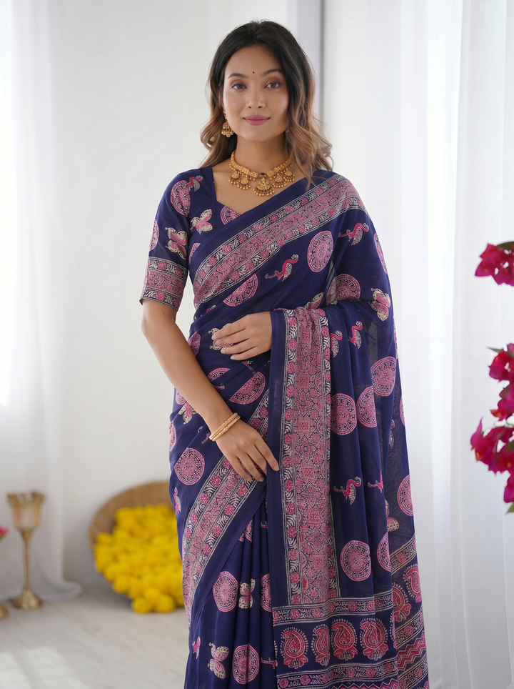 Ajrakh Chinnon Printed Saree with Tassel Detailing & Attached Blouse (No Mirror Work)