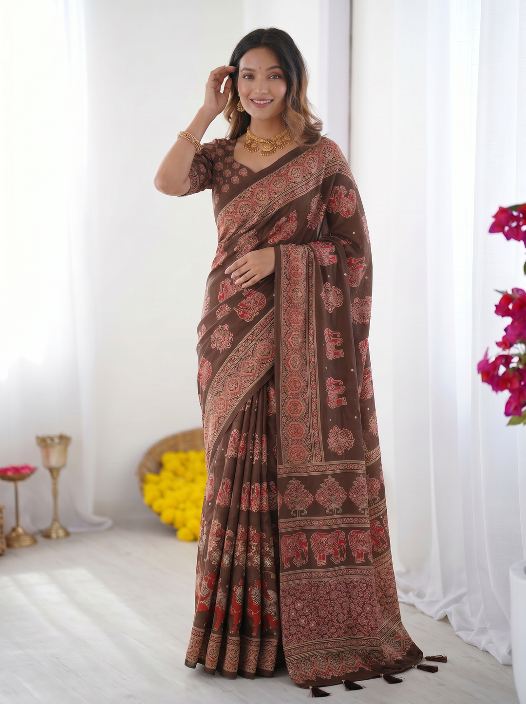 Chocolate Brown Modal Silk Saree with Elephant Motif Heritage Print & Designer Pallu | Traditional Festive Wear Saree