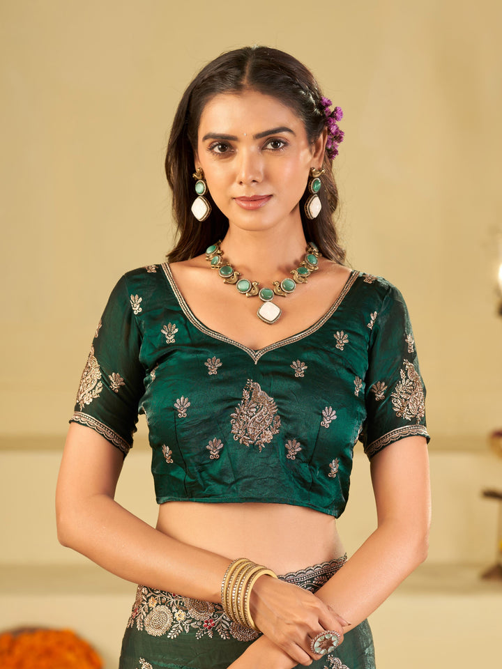 Emerald Green Designer Fendy Satin Saree with Heavy Floral Embroidery Work | Premium Wedding & Party Wear Embroidered Saree with Blouse