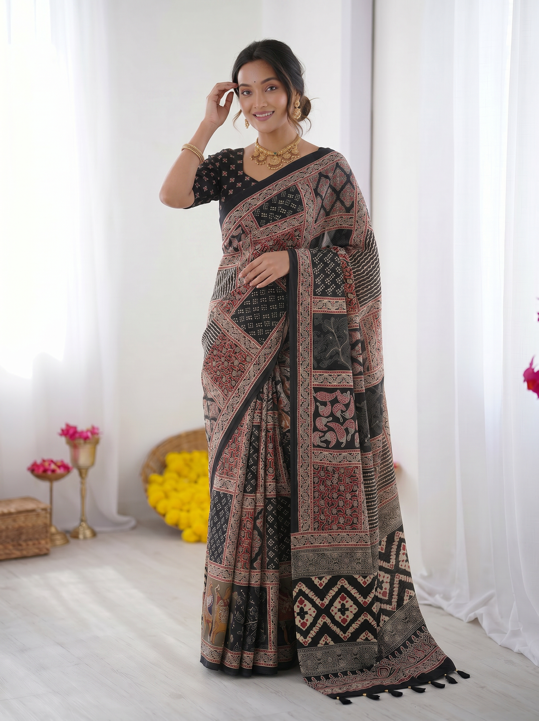 Ajrakh Chinnon Printed Saree with Tassel Detailing & Attached Blouse (No Mirror Work)