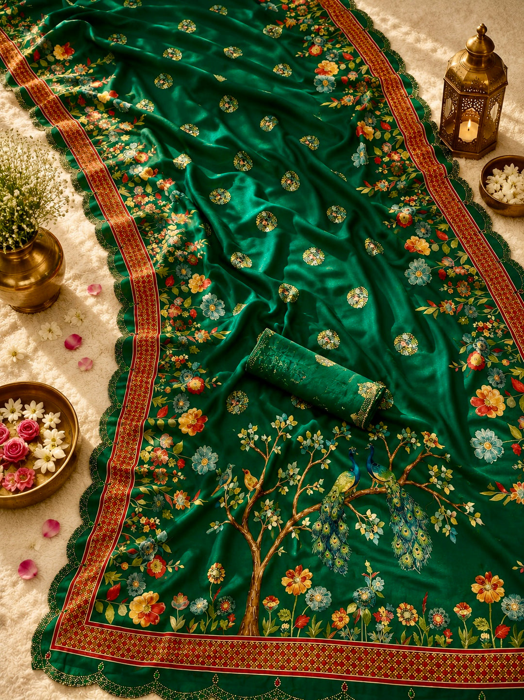 Emerald Green Modal Silk Peacock & Floral Printed Saree with Swarovski Scalloped Border & Blouse Piece