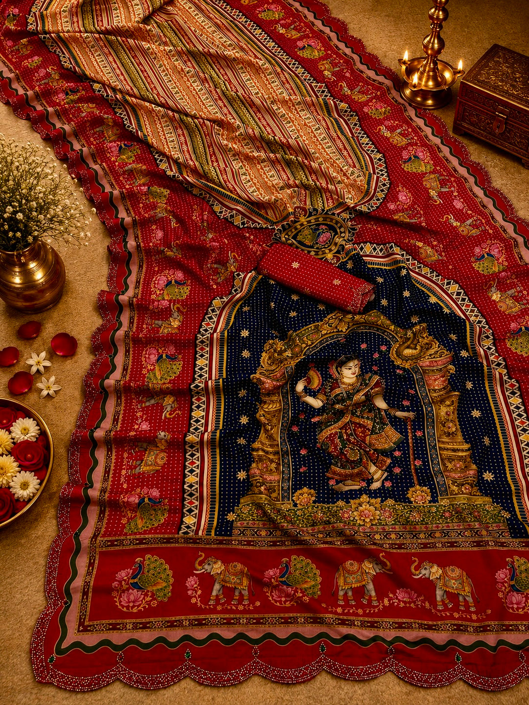 Royal Red Modal Silk Traditional Dancer Printed Saree with Swarovski Scalloped Border & Blouse Piece