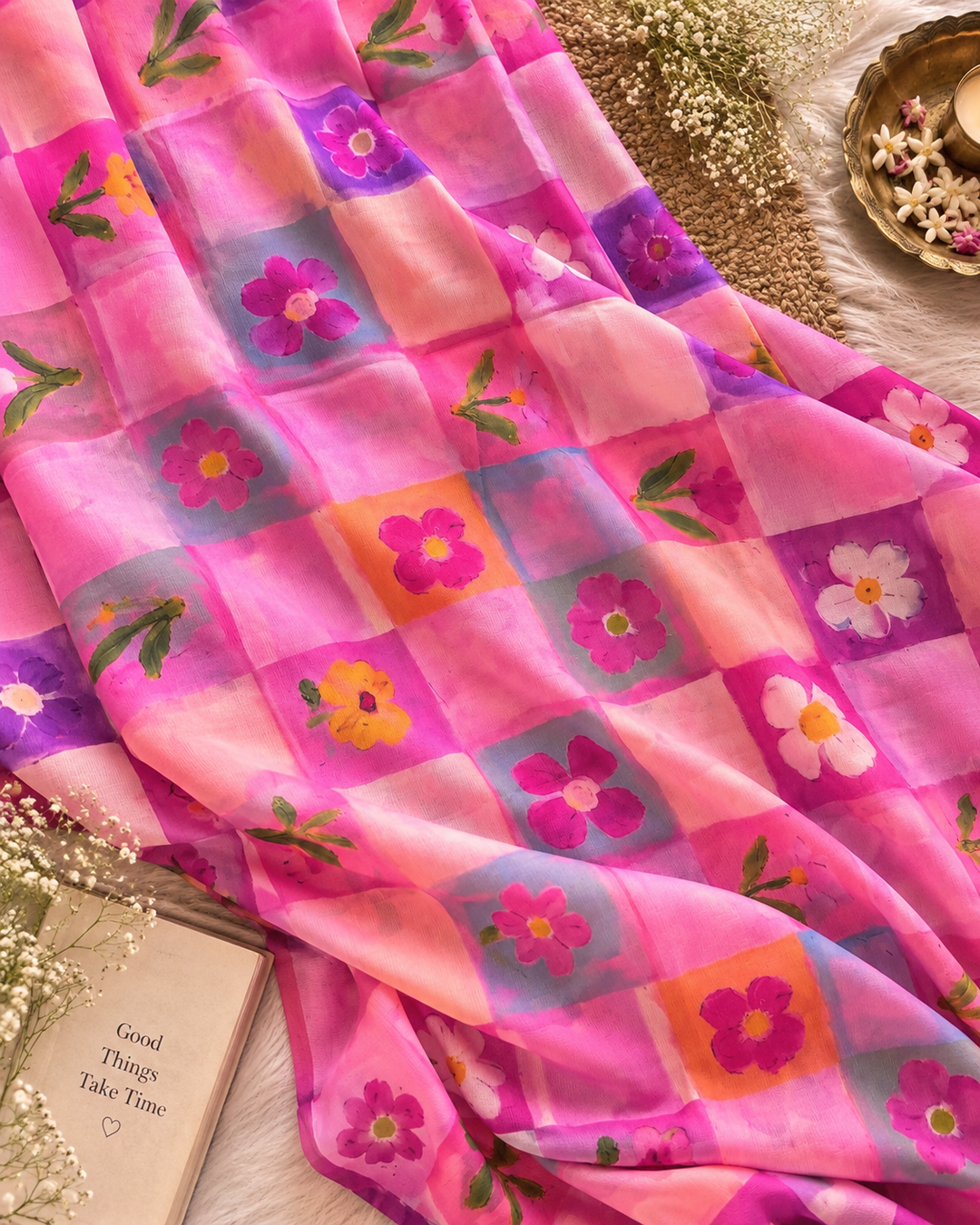 Blush Pink Chinnon Saree with Multicolour Floral Check Print & Attached Blouse Piece