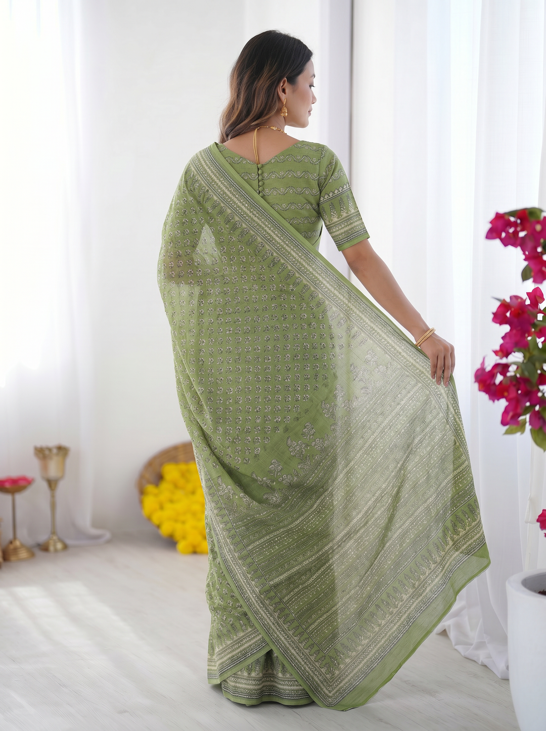 Sage Green Modal Silk Saree with Delicate Floral Butti Prints, Traditional Heritage Border & Elegant Designer Pallu