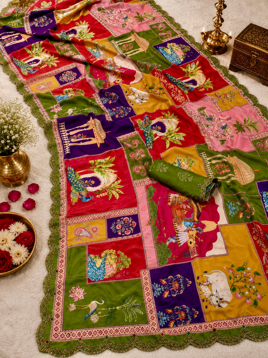Royal Patchwork Modal Silk Printed Saree with Swarovski Work Scalloped Border & Blouse Piece