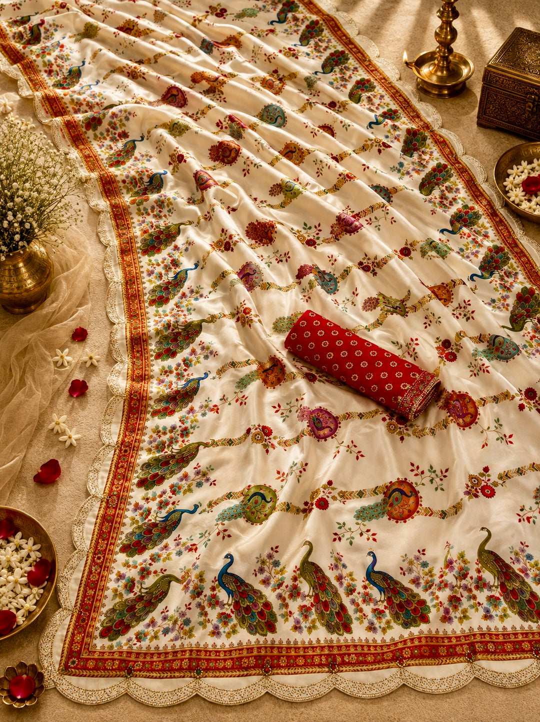Ivory Modal Silk Peacock & Floral Printed Saree with Swarovski Scalloped Border & Blouse Piece