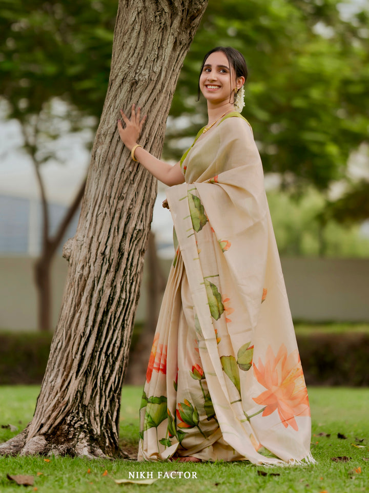 Royal Kasavu Lotus Print Saree with Shimmer Zari Weave, Statement Pallu & Tassels on Edges, Comes With Attached Blouse Piece