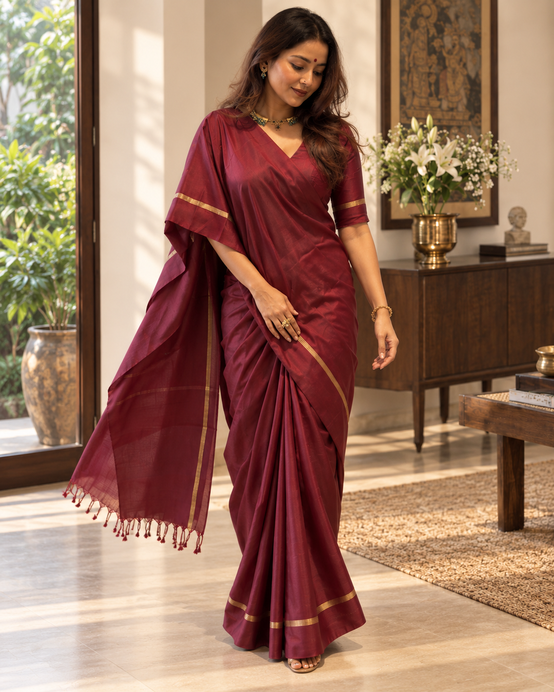 Royal Wine Pure Kanjivaram Silk Saree with Traditional Zari Weave & Attached Blouse Piece