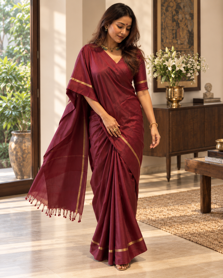 Royal Wine Pure Kanjivaram Silk Saree with Traditional Zari Weave & Attached Blouse Piece