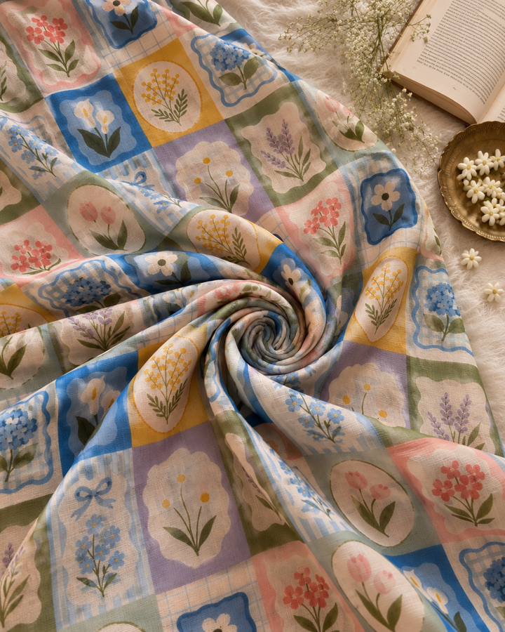 Bloom & Check Chinnon Saree with Multicolour Floral Patchwork Print & Attached Blouse Piece