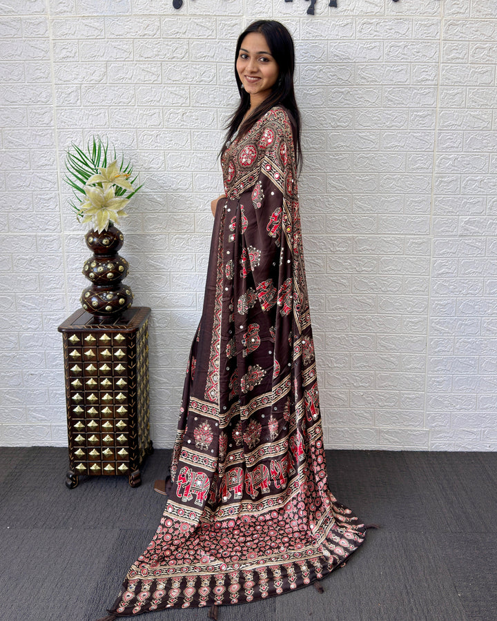 Chocolate Brown Modal Silk Saree with Elephant Motif Heritage Print & Designer Pallu | Traditional Festive Wear Saree