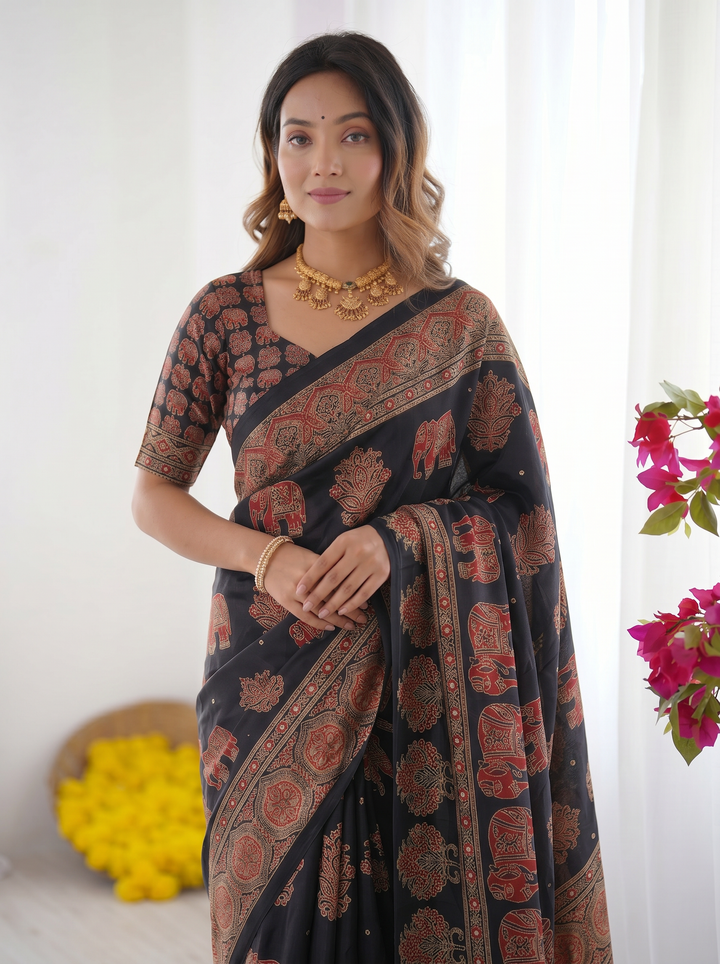 Black Modal Silk Saree with Elephant Motif Ajrakh Print & Heritage Designer Pallu | Traditional Festive Wear Saree