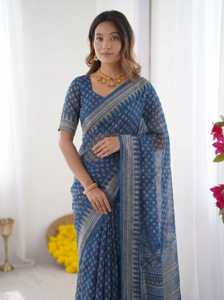 Ajrakh Chinnon Printed Saree with Tassel Detailing & Attached Blouse (No Mirror Work)