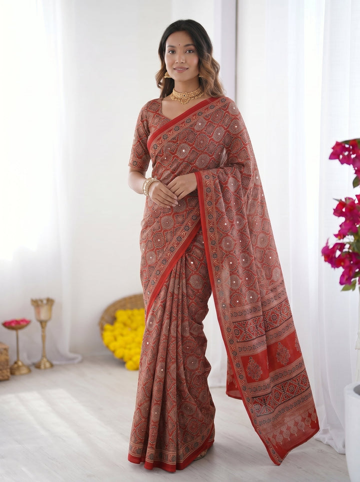 Ajrakh Chinnon Printed Saree with Tassel Detailing & Attached Blouse (No Mirror Work)