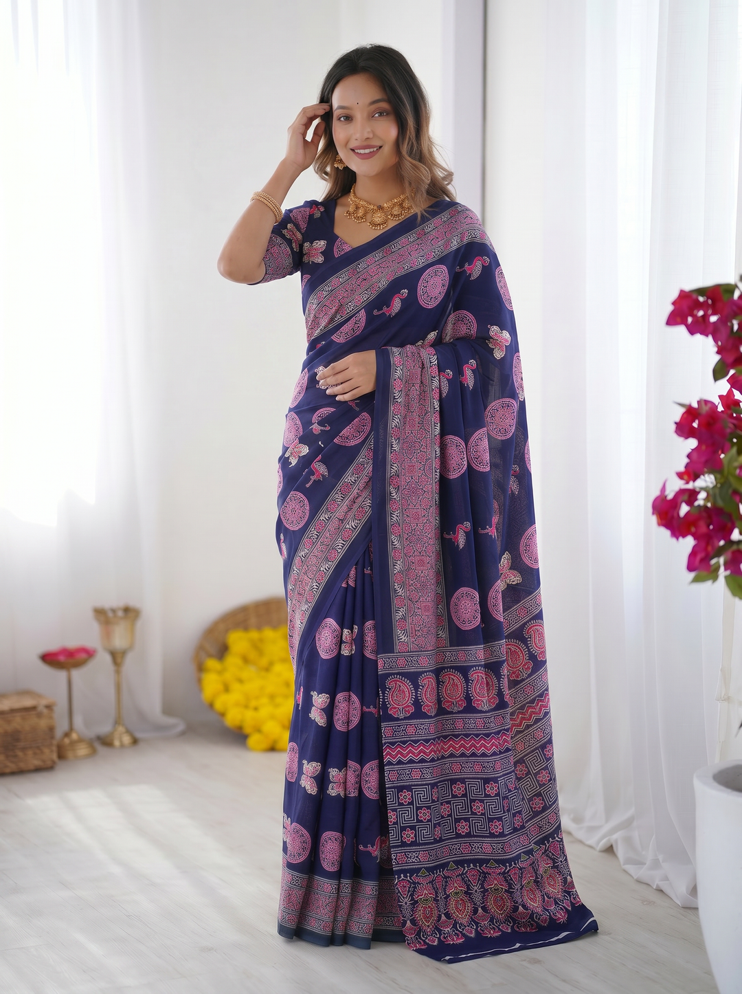 Ajrakh Chinnon Printed Saree with Tassel Detailing & Attached Blouse (No Mirror Work)