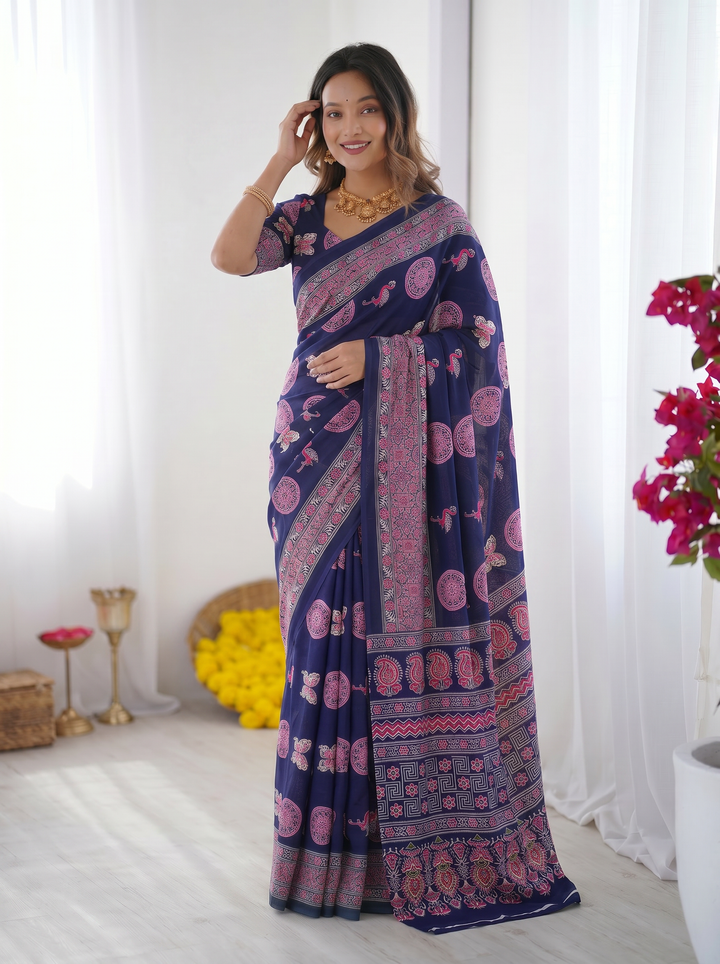 Ajrakh Chinnon Printed Saree with Tassel Detailing & Attached Blouse (No Mirror Work)