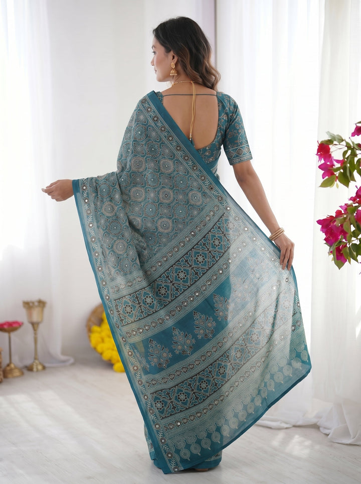 Ajrakh Chinnon Printed Saree with Tassel Detailing & Attached Blouse (No Mirror Work)
