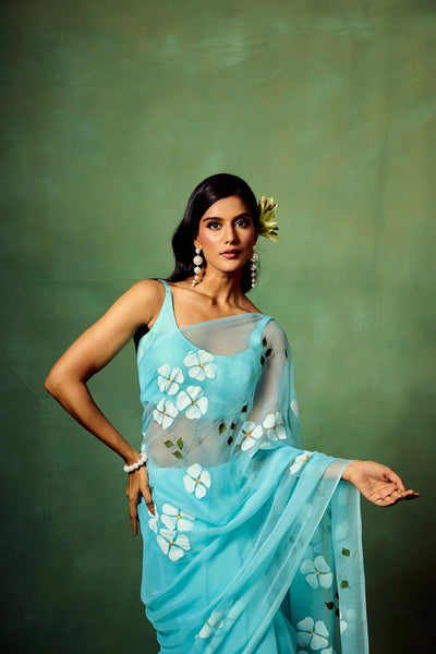Sky Blue Organza Saree with Hand-Painted White Dogwood Flowers & Satin Blouse