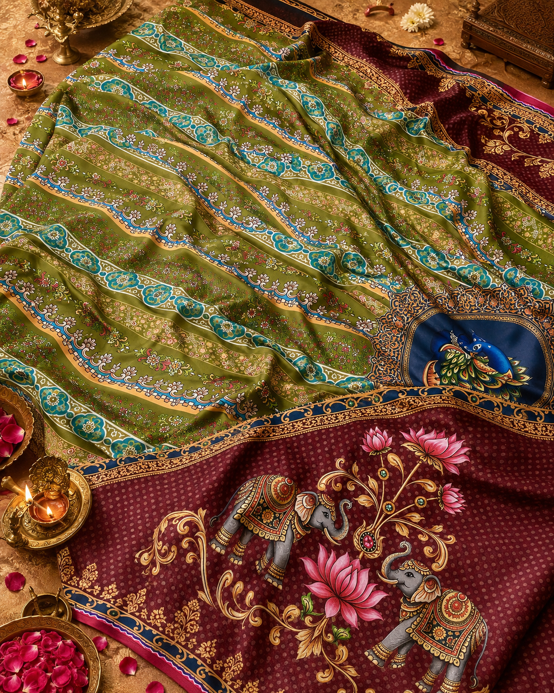 Rashmika Mandanna Trending Modal Silk Saree – Olive Green & Maroon Traditional Elephant Lotus Print with Designer Pallu & Tassels