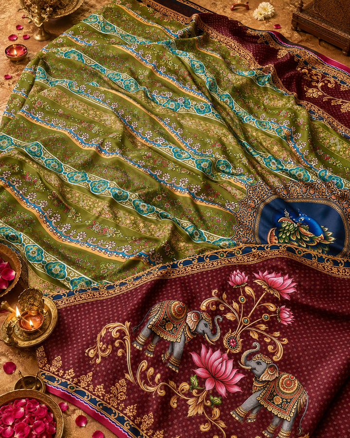 Rashmika Mandanna Trending Modal Silk Saree – Olive Green & Maroon Traditional Elephant Lotus Print with Designer Pallu & Tassels