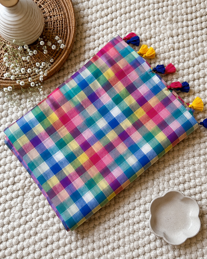 Multicolour Madras Checkered Mul Cotton Saree with Colourful Tassels & Attached Blouse Piece