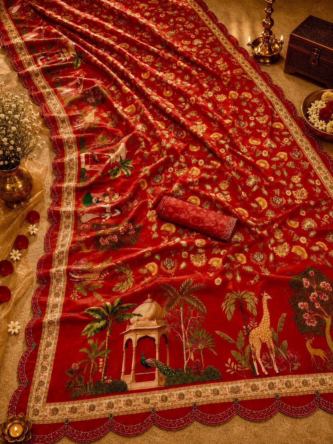 Royal Red Modal Silk Floral & Royal Garden Printed Saree with Swarovski Scalloped Border & Blouse Piece