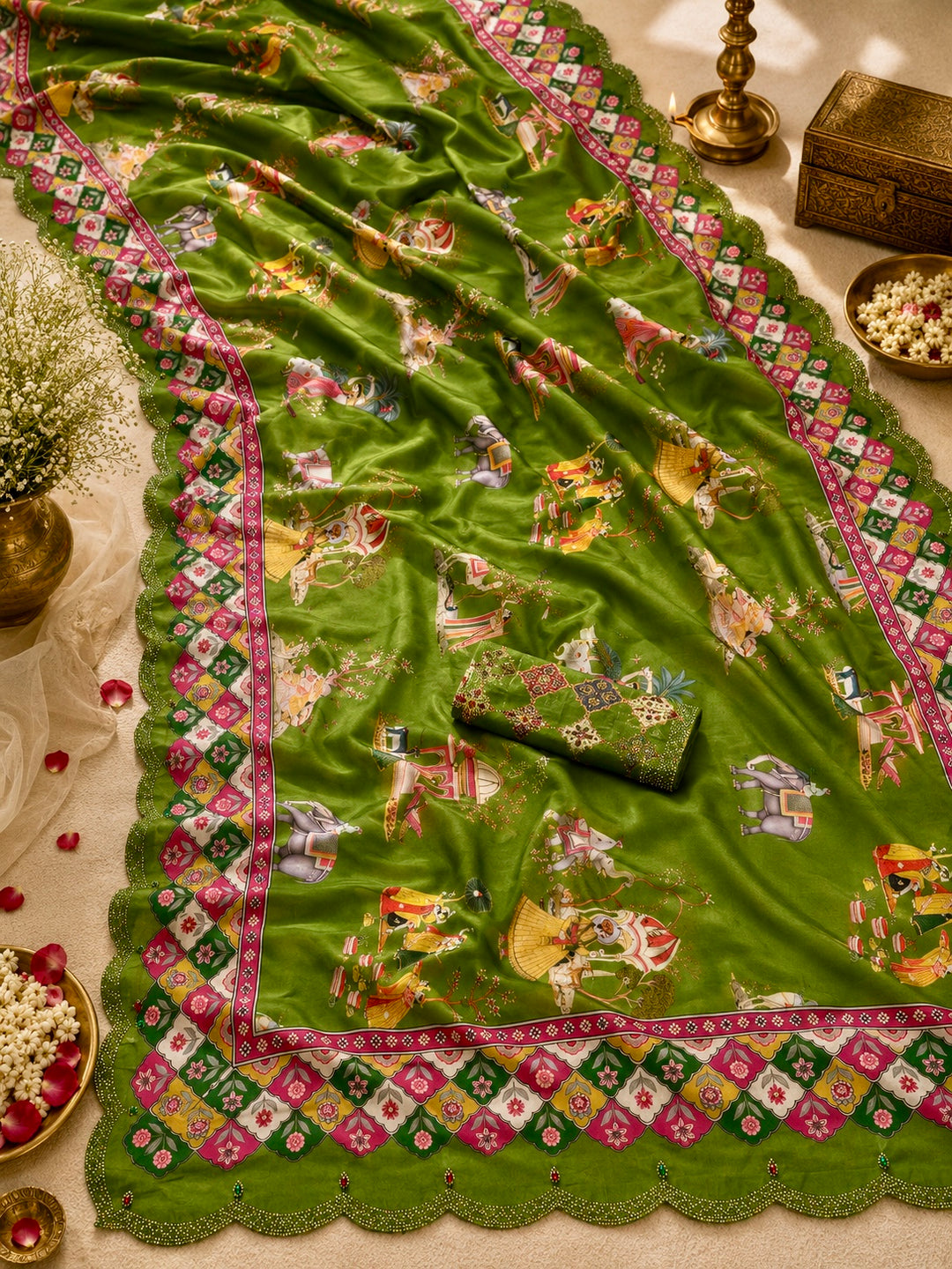 Mehendi Green Modal Silk Saree with Royal Heritage Figurative Print, Multicolour Floral Border & Scalloped Embellished Edges
