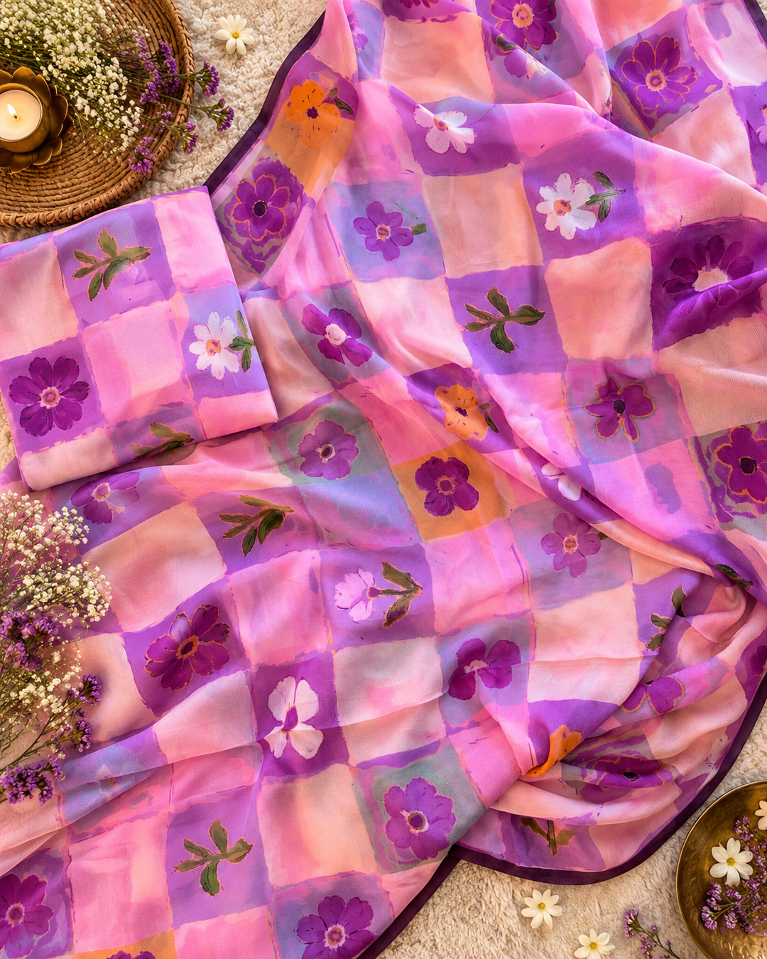 Lavender Pink Chinnon Saree with Artistic Floral Check Print & Attached Blouse Piece