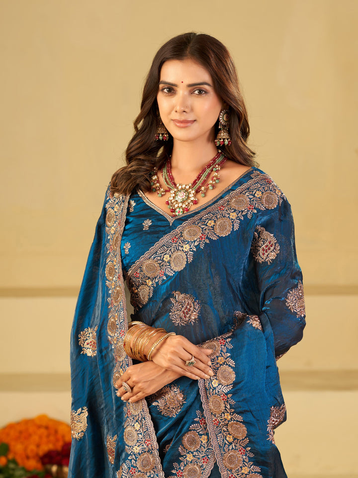Royal Blue Designer Fendy Satin Saree with Heavy Floral Embroidery Work | Premium Party Wear Wedding Saree with Embroidered Border & Blouse