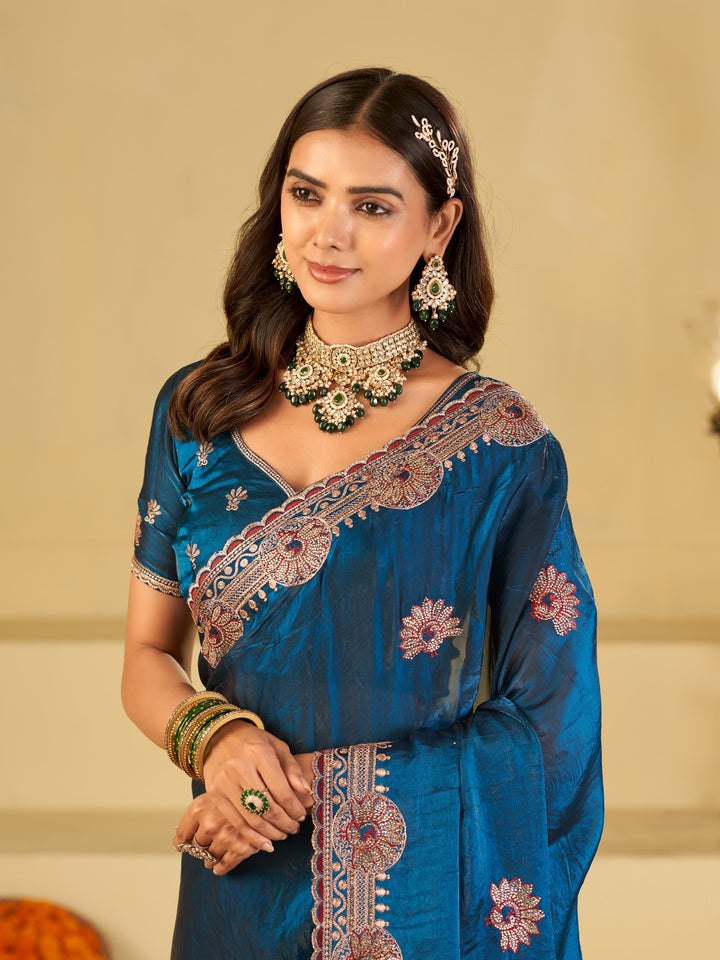 Royal Blue Designer Fendy Satin Saree with Heavy Embroidered Border | Premium Festive Party Wear Saree with Elegant Floral Embroidery & Matching Blouse
