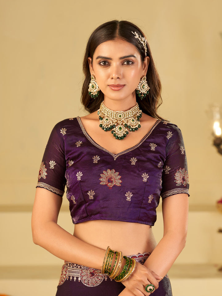 Royal Purple Designer Fendy Satin Saree with Heavy Embroidered Border | Premium Festive Party Wear Saree with Elegant Floral Embroidery & Matching Blouse