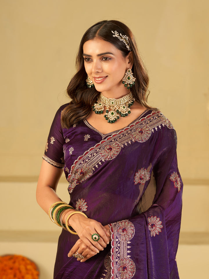 Royal Purple Designer Fendy Satin Saree with Heavy Embroidered Border | Premium Festive Party Wear Saree with Elegant Floral Embroidery & Matching Blouse