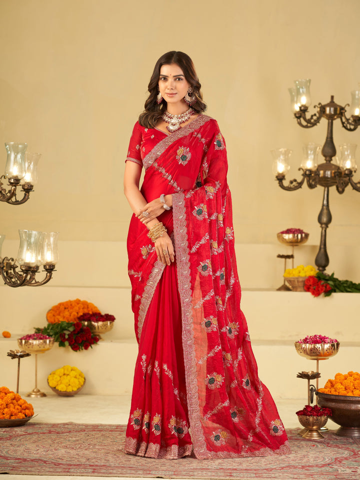 Ruby Red Designer Fendy Satin Saree with Floral Embroidery Work | Premium Wedding & Party Wear Embroidered Saree with Blouse