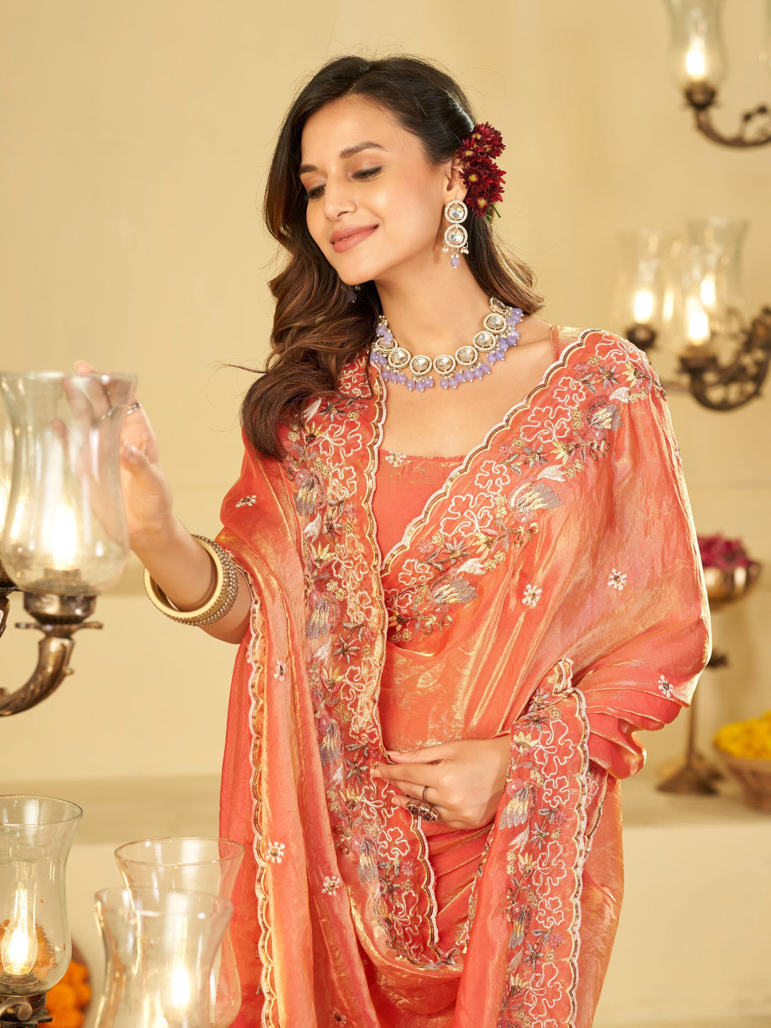 Peach Pink Fendy Satin Saree with Multicolor Floral Embroidery Border | Elegant Designer Party Wear Saree with Blouse