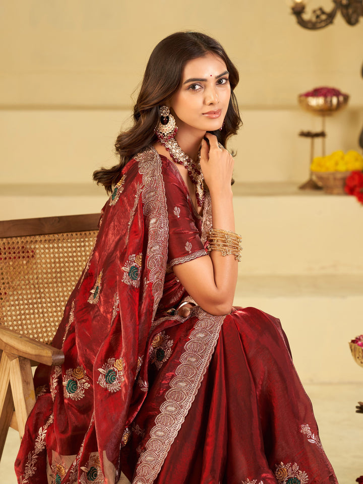 Wine Red Designer Fendy Satin Saree with Floral Embroidery Work | Premium Party Wear Embroidered Saree with Blouse