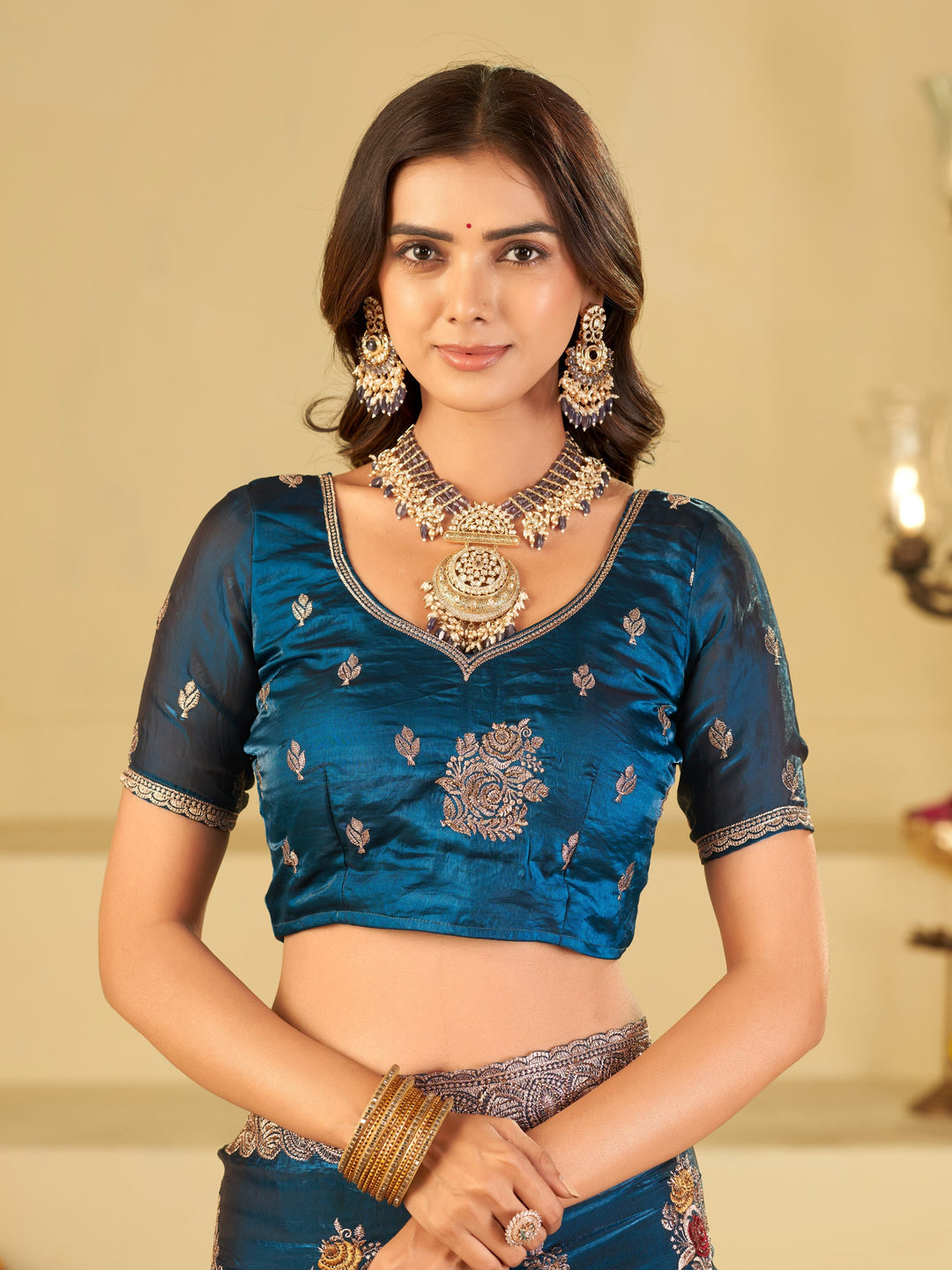 Teal Blue Designer Fendy Satin Saree with Floral Embroidery Work | Premium Party Wear Embroidered Saree with Blouse