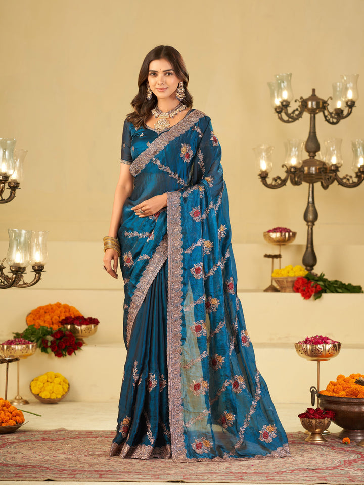 Teal Blue Designer Fendy Satin Saree with Floral Embroidery Work | Premium Party Wear Embroidered Saree with Blouse