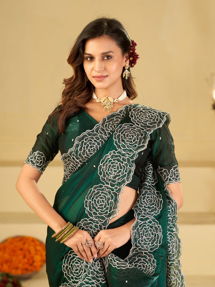 Bottle Green Fendy Satin Saree with White Floral Embroidery Border | Elegant Designer Party Wear Saree with Blouse