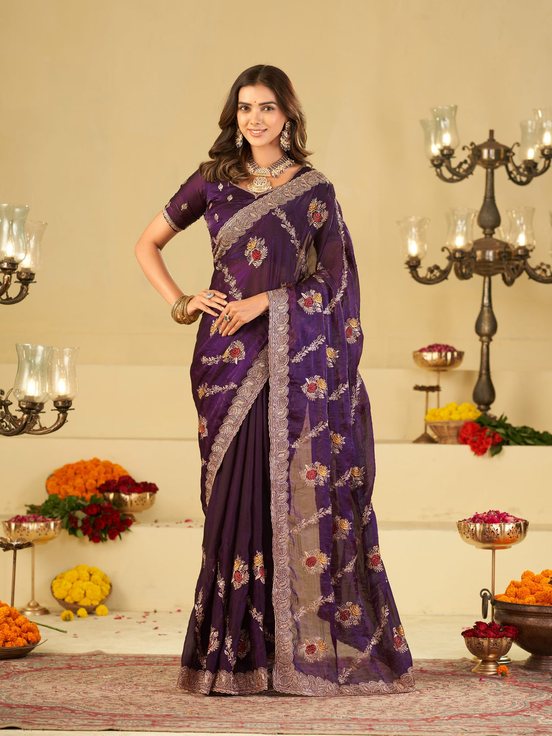 Royal Purple Designer Fendy Satin Saree with Floral Embroidery Work | Premium Party Wear Embroidered Saree with Blouse