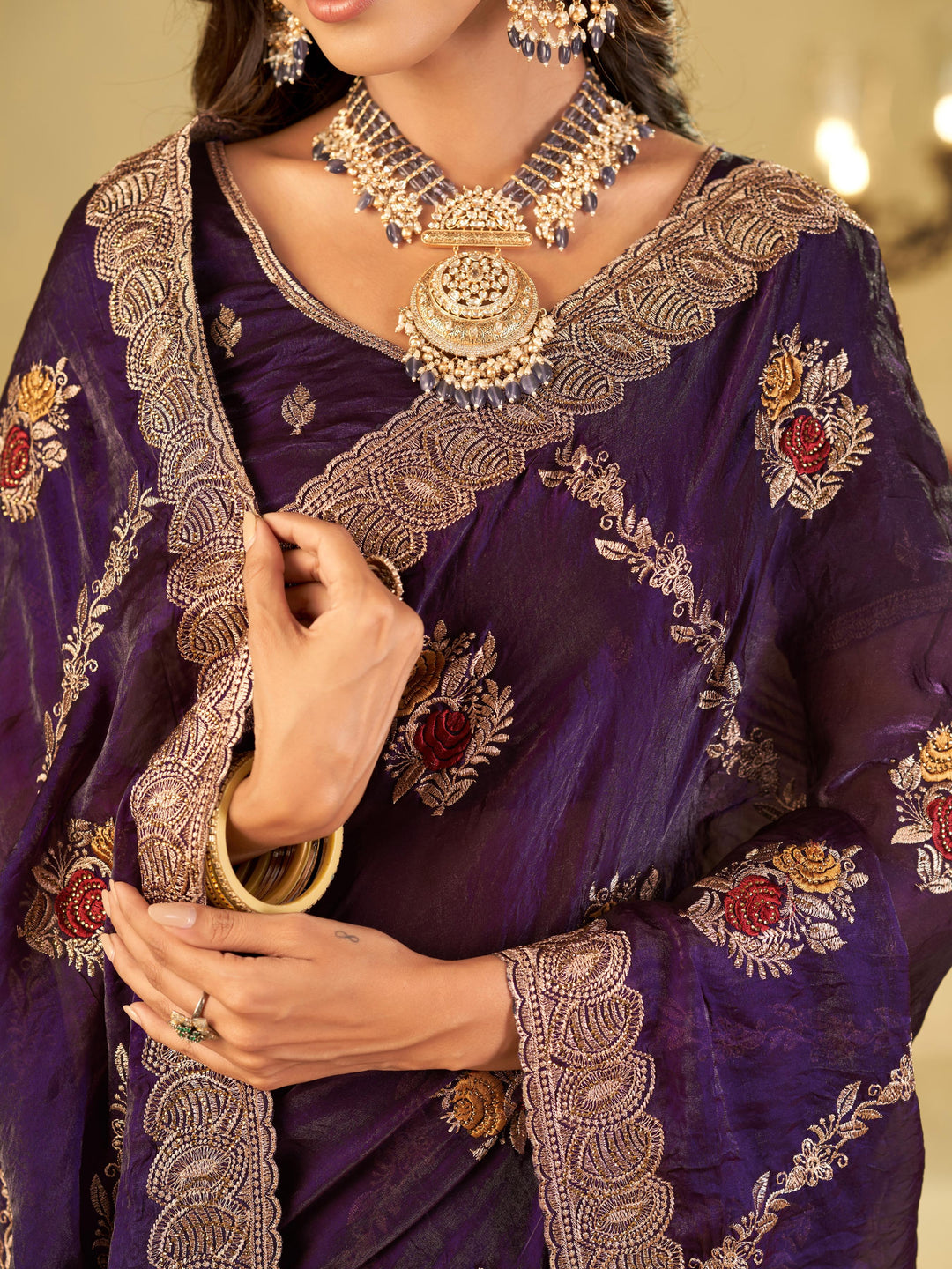 Royal Purple Designer Fendy Satin Saree with Floral Embroidery Work | Premium Party Wear Embroidered Saree with Blouse