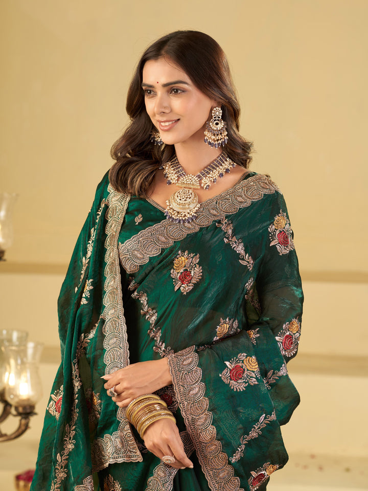 Emerald Green Designer Fendy Satin Saree with Floral Embroidery Work | Premium Party Wear Embroidered Saree with Blouse