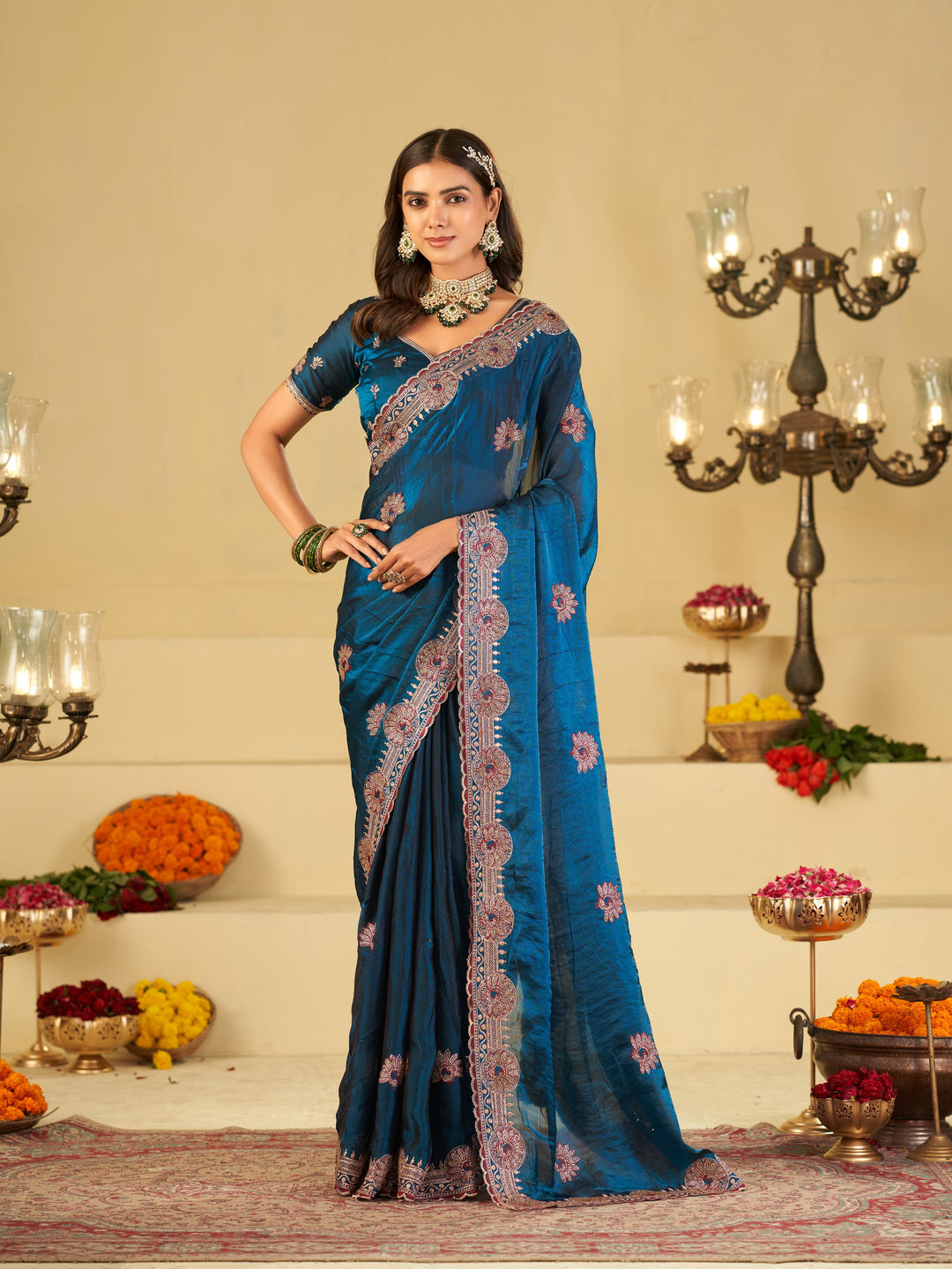 Royal Blue Designer Fendy Satin Saree with Heavy Embroidered Border | Premium Festive Party Wear Saree with Elegant Floral Embroidery & Matching Blouse
