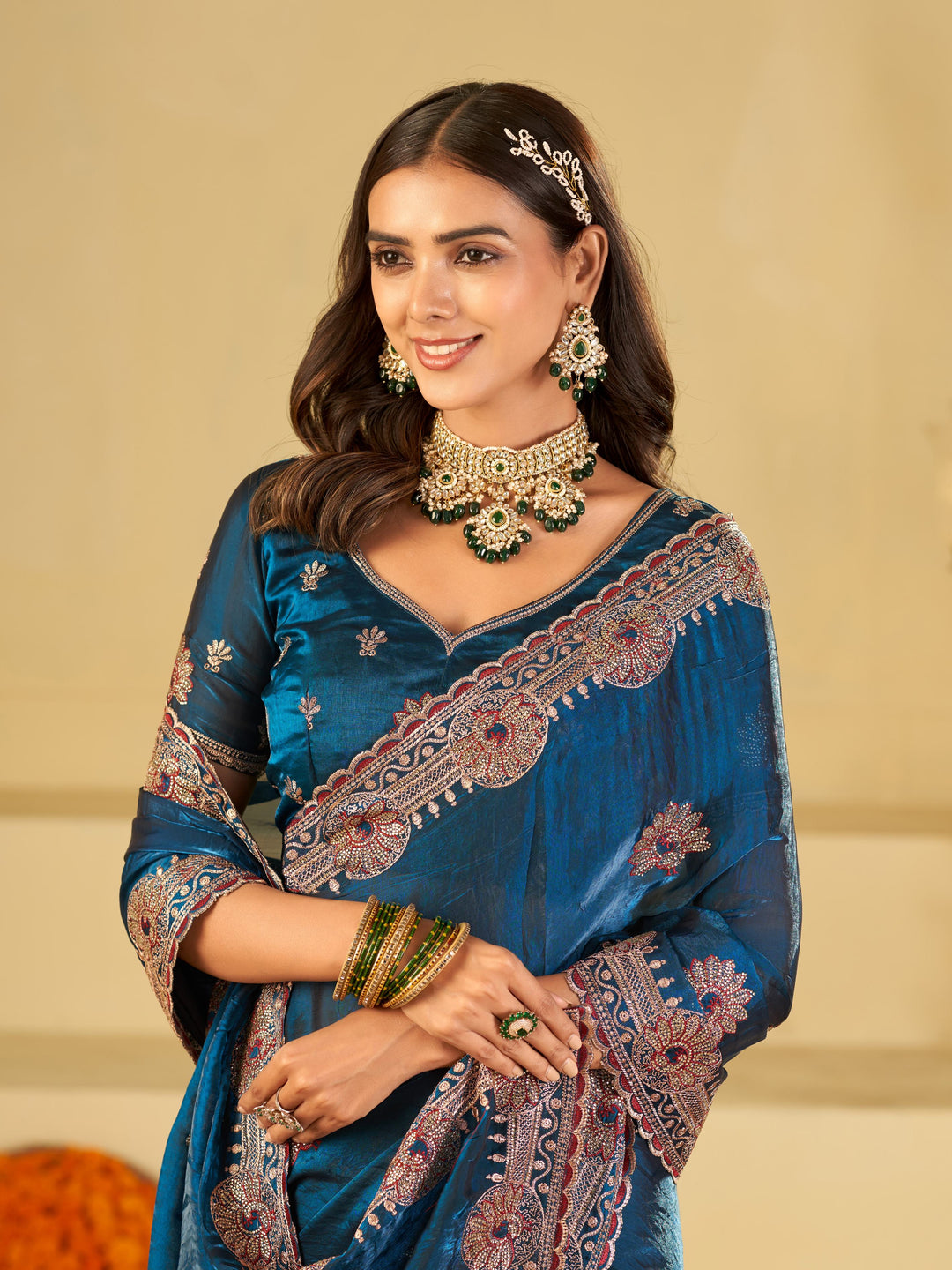 Royal Blue Designer Fendy Satin Saree with Heavy Embroidered Border | Premium Festive Party Wear Saree with Elegant Floral Embroidery & Matching Blouse