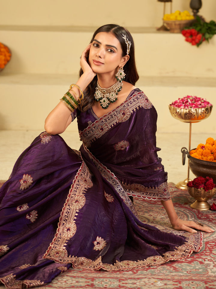 Royal Purple Designer Fendy Satin Saree with Heavy Embroidered Border | Premium Festive Party Wear Saree with Elegant Floral Embroidery & Matching Blouse