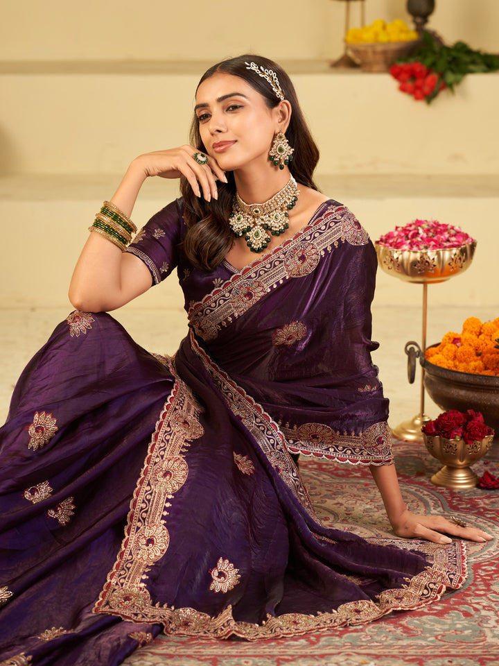 Royal Purple Designer Fendy Satin Saree with Heavy Embroidered Border | Premium Festive Party Wear Saree with Elegant Floral Embroidery & Matching Blouse