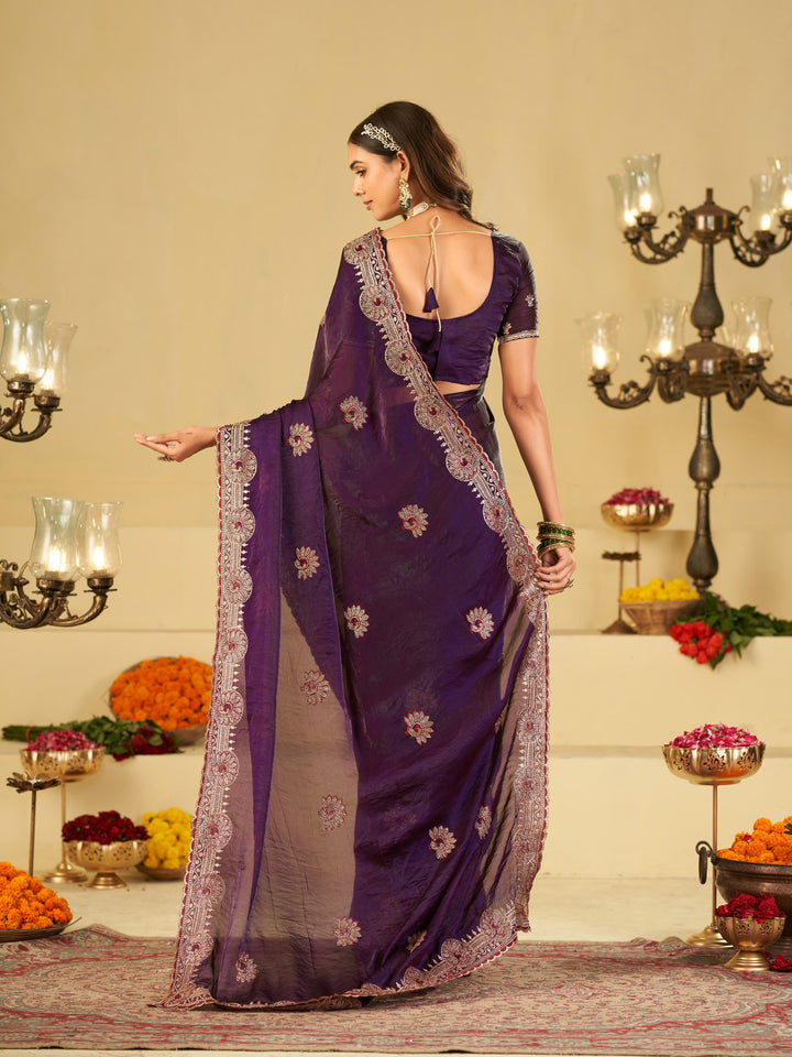 Royal Purple Designer Fendy Satin Saree with Heavy Embroidered Border | Premium Festive Party Wear Saree with Elegant Floral Embroidery & Matching Blouse